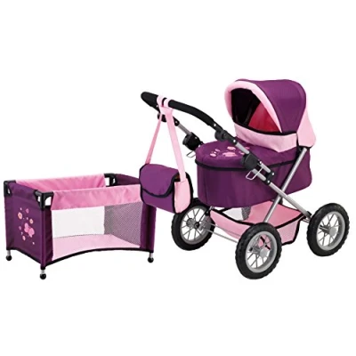 Immagine di Bayer Design 13057AB Carrozzina, Letto, Passeggino per Bambole, Pieghevole, Regolabile in Altezza con Borsa, Colore Rosa, Prugna