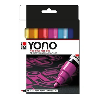 Immagine di Marabu YONO 124000004004 Set di 12 pennarelli acrilici versatili con punta rotonda giapponese 1,5 3 mm, a base d&#039;acqua, resistenti alla luce e impermeabili, per quasi tutte le superfici