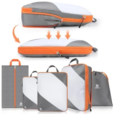 Immagine di AiQInu Organizer Valigia 5 Pezzi Set, Compressione Packing Cube Salvaspazio Espandibile Ultraleggero Viaggio per i Vestiti,Scarpe,Intimo Set da Zaini o Bagagli a Mano