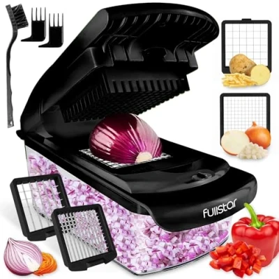 Immagine di Taglia Verdure Affetta Manuale Spiralizzatore di Multifunzione Tritatutto Affettatrice Tagliaverdure Frutta Cipolla Patate Cubetti Julienne (2 in 1 Nero)