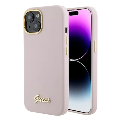 Immagine di GUESS GUHCP15SSMBSLP Custodia rigida per iPhone 15 6.1&quot;, in silicone, con logo e cornice metallo