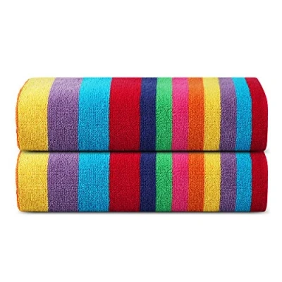 Immagine di Sweet Needle Teli da spiaggia a righe, di alta qualità, confezione 2, dimensione: 76 x 152 cm, in 100% cotone filato ad anello, peso: 450 g/m², altamente assorbenti Miami Vibe Multi Stripe