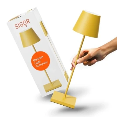Immagine di SIGOR Nuindie Lampada da tavolo a LED dimmerabile, per interni ed esterni, IP54, resistente agli spruzzi, altezza 38 cm, ricaricabile con USB C, durata 12 ore, colore giallo sole, 4546001