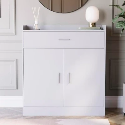 Immagine di Vida Designs Dalby Scarpiera Moderna con 2 Ante e 1 Cassetto, per Corridoio, Porta Scarpe, Credenza in Legno, Bianco, Door Drawer, H 90 x L 83 P 34 cm Circa