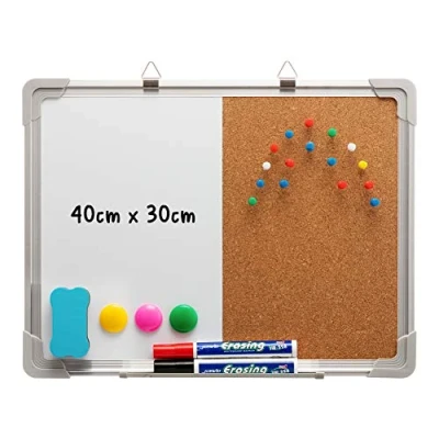 Immagine di DOEWORKS Pannello Combo Sughero, Lavagna Bianca e Bacheca in Magnetica/Combinazione di Pannelli Sughero con Telaio Alluminio, 40 * 30cm