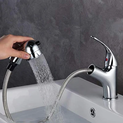 Immagine di GAVAER Rubinetto da bagno con doccetta estraibile e due modalità di flusso d&#039;acqua, per lavabo o lavandino, miscelatore regolabile caldo freddo, cromato