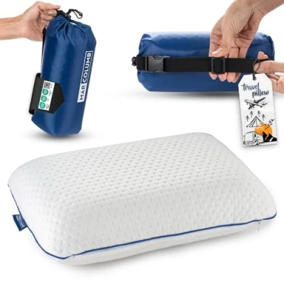 Immagine di Marcolumb Cuscino da viaggio Supporto ergonomico per il collo campeggio in memory foam con federa termoregolante Borsa impermeabile inclusa (Nero)