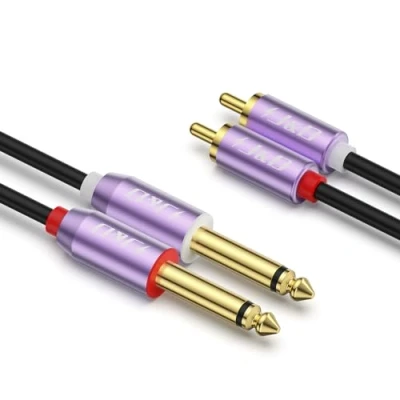 Immagine di J&amp;D Cavo Duale 1/4 Pollice TS a RCA, Placcato in oro Guscio Viola Robusto Audio Stereo RCA 2X 6.35mm Maschio 2 Adattatore, 1.8 M
