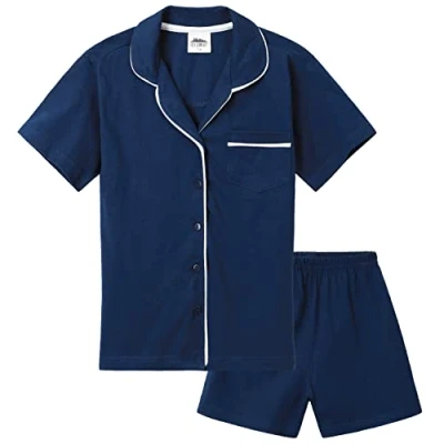 Immagine di Pigiama Bambina Bimba Estivo con Camicia a Maniche Corte Bottoni e Pantaloncini Cotone 100% Corto 5 14 Anni (9 10 Anni, Navy/Bianco)