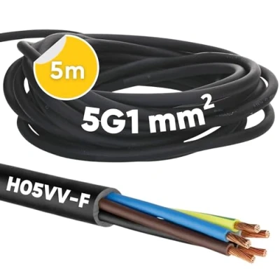 Immagine di Kalitec H05VV F Tubo flessibile 5 x 1 mm², cavo di alimentazione 5G1 mm2 con conduttore protezione, in PVC per interni, elettrico nero, lampada, flessibile, fili