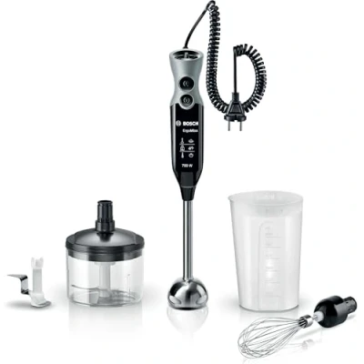 Immagine di Bosch ErgoMixx Hand Blender Frullatore a Immersione Portatile, 750 W, 12 Velocità, Lama 4 Ali, Bicchiere Graduato, Mini Tritatutto, Frusta e Lame Tritaghiaccio in Acciaio Inox