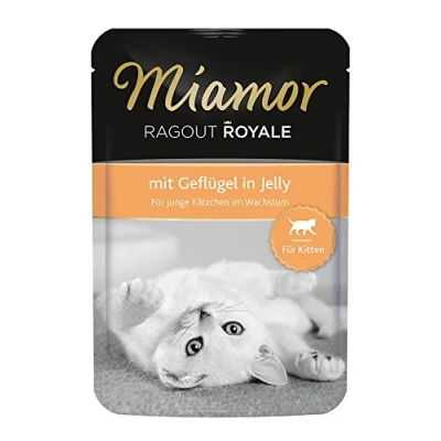Immagine di MIAMOR Ragout Royale in Jelly Kitten Cibo umido per gatti con pezzi di ragout. Alimento completo sacchetto freschezza senza soia, coloranti e conservanti 22 x 100 g pollame