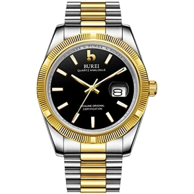 Immagine di BUREI quarzo uomo orologi di analogico data orologio da polso in vetro zaffiro con lente a due toni acciaio inox banda (Oro+Argento+Nero)