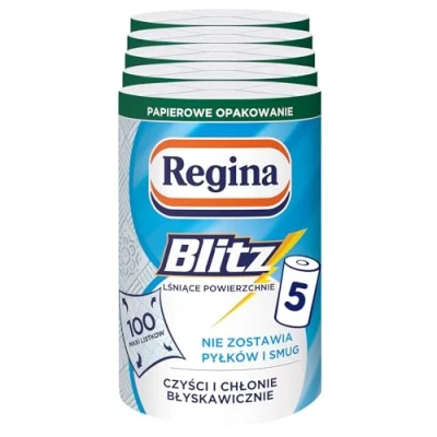Immagine di Regina Blitz Asciugamani per la casa, 5 rotoli da 100 fogli, asciugamano di carta a 3 strati, maxi foglie, confezione carta, certificato FSC, cellulosa pura, test NIZP PZH