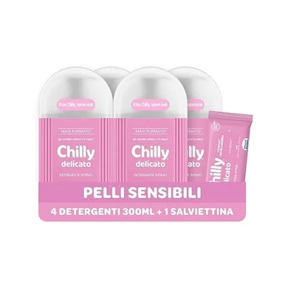 Immagine di Chilly Detergente Intimo Delicato, per l&#039;Igiene Intima con Molecola Antiodore, Formula Delicata e Lenitiva, PH 5, Confezione da 4 Flaconi 300 ml Esclusiva Amazon