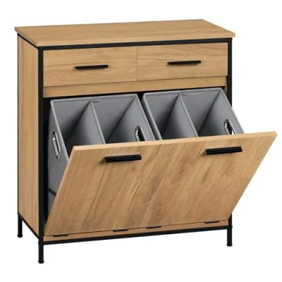 Immagine di EUGAD Mobile Bagno, da Bagno con 2 Cassetti, Sacchi per la Biancheria, in MDF Struttura Metallo, Rovere Chiaro + Nero, 72,5x34x80 cm