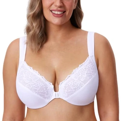 Immagine di DELIMIRA Donna Reggiseno Apertura Frontale con Ferretto Pizzo Coppa Completa Non Imbottito Taglie Forti Bianco 5C