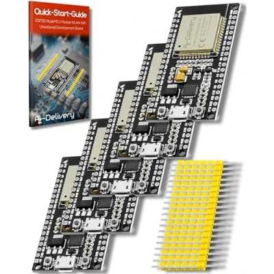 Immagine di AZDelivery 5 x Scheda di Sviluppo ESP32 NodeMCU WiFi con CP2102 (modello successivo a ESP8266), versione non saldata compatibile Arduino incluso un E Book!