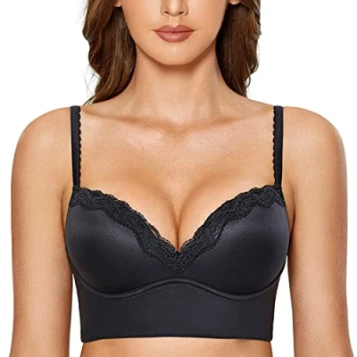 Immagine di DOBREVA Donna Reggiseno Push Up Senza Ferretto Bralette in Pizzo Coppe Triangolo Nero 3D
