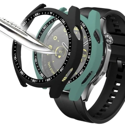 Immagine di Msiall [2 pezzi nero verde con Pellicola Protezione Schermo Vetro Temperato per HUAWEI WATCH GT 4 46mm, 9H Durezza PC Case,Bumper,Sottile Case Protettiva Completa Smart 46mm
