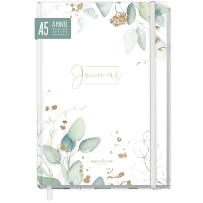 Immagine di Häfft Bullet Journal, con puntini, formato A5, elastico, motivo foglie dorate, 156 pagine, taccuino diario, sostenibile ed ecologico (lingua italiana non garantita)