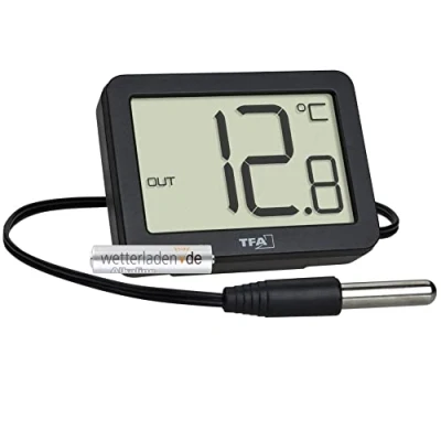 Immagine di TFA Dostmann Termometro digitale interno esterno 30.1066.01 con sensore di temperatura impermeabile, valori massimi e minimi, magnete/supporto, nero batteria