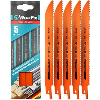 Immagine di WERKFIX Lame per Seghetto Alternativo/MADE IN GERMANY/x Legno e Metallo. Set di 5 x a Gattuccio (Bosch, Black Decker, Einhell, Makita etc) tagli veloci HSS Bi 150 mm.