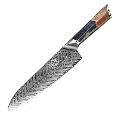 Immagine di MITSUMOTO SAKARI 21 cm Santoku Coltello Giapponese, Coltelli da Cucina Professionali in Damasco VG 10, Forgiato a Mano Ultra Affilato (Manico del Nanmu)
