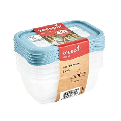 Immagine di keeeper Set di 5 Contenitori per Congelare Alimenti, Coperchio su cui Scrivere, x 500 ml, 15,5 10,5 6 cm, Mia Magic Ice, Nordic Blue (Blu)