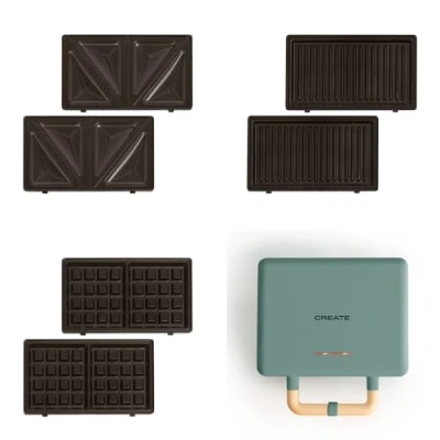 Immagine di CREATE/STONE STUDIO/Tostiera per panini, grill e waffle Verde salvia / 3 piastre intercambiabili: Grill, antiaderente, apertura 100º, retro, 800W
