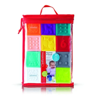 Immagine di Infantino Set di Blocchi Comprimibili e Impilabili 10 Morbidi Cubi Colorati con Numeri, Animali Forme, per Esplorazione Sensoriale Sviluppo Prime Abilità Impilamento, Multicolore