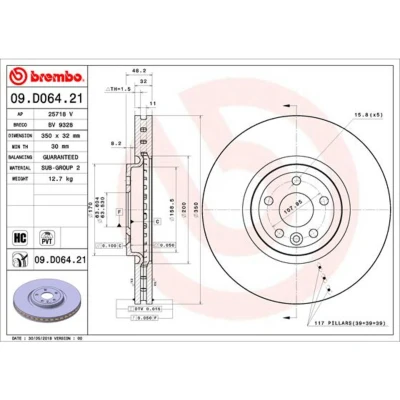 Immagine di BREMBO 09.D064.21 Disco freno 350 32 5 ventilazione interna rivestito ad alto tenore di carbonio LAND ROVER: Range Rover Velar, JAGUAR: F Pace