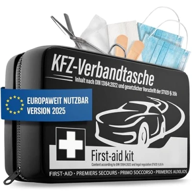 Immagine di Kit di pronto soccorso per auto 2024 [certificato in tutta l&#039;Europa] e testato (conforme alle norme locali vigenti), il primo dell&#039;auto, certificato DIN 13164, scatola