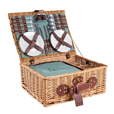 Immagine di eGenuss Cestino da Picnic in Vimini per 4 Persone con Scompartimento isotermico e Accessori Inclusi Fantasia a Quadretti Verdi Bianchi, 47 x 36 20 cm