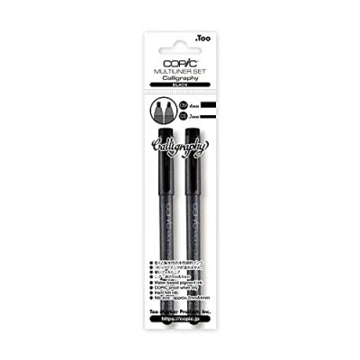 Immagine di Copic Multiliner Black Calligraphy Set di penne da disegno con punta a scalpello 2 e 3 mm, inchiostro pigmentato resistente all&#039;acqua all&#039;alcool, nero, per disegnare, lettere scrittura calligrafica