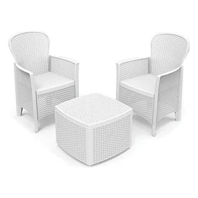 Immagine di Dmora Set salotto da esterno Napoli, Composizione giardino con 2 poltrone ed 1 tavolino contenitore, Salottino effetto rattan, 100% Made in Italy, Bianco
