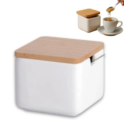 Immagine di KOOK TIME Zuccheriera Formaggiera in Ceramica con Coperchio Legno di bambù e cucchiaino da Zucchero Acciaio Inossidabile, per Casa Cucina, sirve Zucchero, Formaggio, spezie (Bianco)