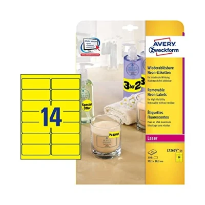 Immagine di Avery L7263R 25 Etichette Fluorescenti, 14 Pezzi per Foglio, Fogli, 99.1 x 38.1, Rosso