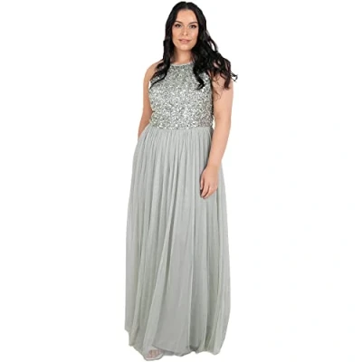 Immagine di Maya Deluxe Donna per Damigella d&#039;Onore, Maxi Abito con Scollo all&#039;Americana E Paillettes Vestito d’Onore, Giglio Verde, 34