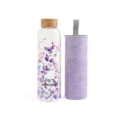 Immagine di Borraccia per Acqua waterdrop® Bottiglia in Vetro 600 ml Con fodera neoprene e chiusura ermetica Lavabile lavastoviglie Senza BPA Sostenibile Riutilizzabile