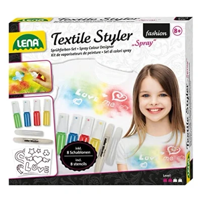 Immagine di Lena 42597 Set Fai da Te Textile Styler Spray, Completo con 4 Colori 1 Vernice Glitterata per Decorazioni, 8 Stencil e Matita contorni, Bambini a Partire dagli Anni, Colore