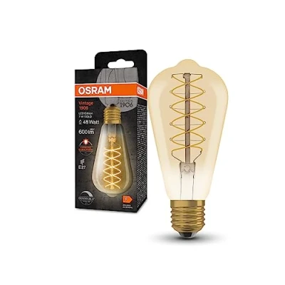 Immagine di OSRAM Lampada a LED Vintage 1906 tinta dorata, 7W, 600lm, forma Edison base 64 mm di diametro e E27, bianca calda, filamento spirale, dimmerabile, fino 15.000 ore durata della vita