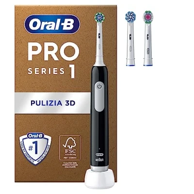 Immagine di Oral B Spazzolino Elettrico Ricaricabile Pro Series 1, Sensore di Pressione, Batteria a Lunga Durata, 2 Testine, 1 Elettrico, Nero, Idea Regalo