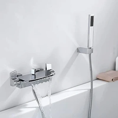 Immagine di Homelody Rubinetto per Vasca a Cascata Parete con Doccetta Miscelatore Bagno Muro Doccia, Ottone Cromo