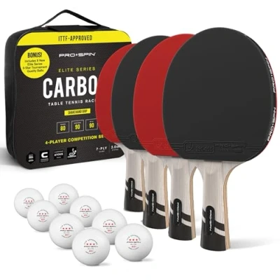 Immagine di PRO SPIN Racchette da ping pong in carbonio, lama a 7 strati serie Elite, gomma di alta qualità, spugna 2 mm e custodia protettiva (confezione 4 pezzi, rosso/nero)