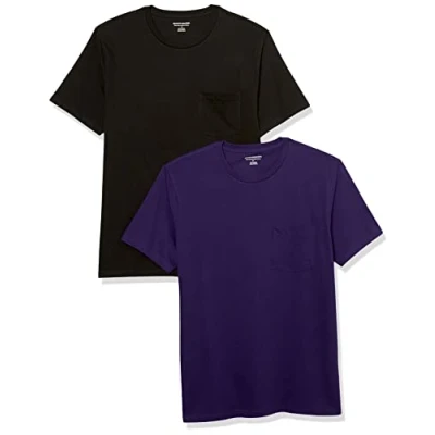 Immagine di Amazon Essentials Maglietta Girocollo a Maniche Corte con Taschino Uomo, Pacco da 2, Nero/Porpora Scuro, XL