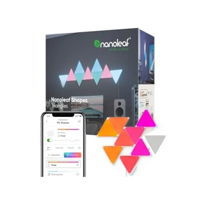 Immagine di Nanoleaf Shapes Triangle Starter Kit, 9 Triangoli Luminosi LED RGBW Smart Applique da Parete Interno Modulari, 16M Colori WiFi, Sincronia Musica e Monitor, Deco Gaming
