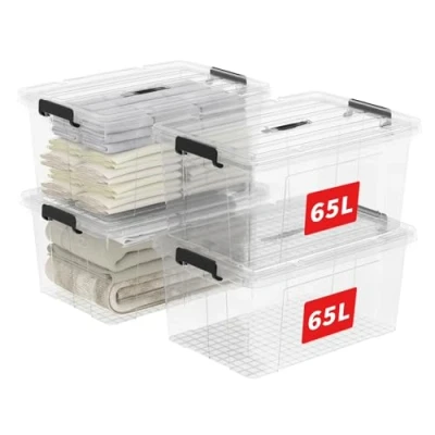 Immagine di Cetomo 65L*4 Scatole di Stoccaggio in Plastica, Portaoggetti con Coperchio, Organizzatore Manico, Contenitori per Casa e Ufficio, Impilabile, Resistente, Trasparente, 65L Confezione da 4