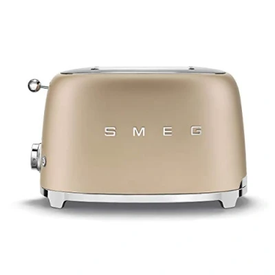 Immagine di Smeg, Tostapane 2x2 TSF01CHMEU, 2 Scomparti da 36mm, 6 Livelli di Doratura, Funzione Riscaldamento, Scongelamento e Bagel, Espulsione Automatica del Pane, Cassetto Raccoglibriciole, 950W, Champagne