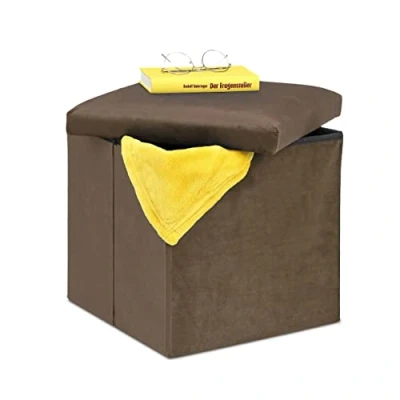 Immagine di Relaxdays Pouf Contenitore Pieghevole, Sgabello Poggiapiedi Imbottito, HxLxP: 38 x cm, in MDF e Velluto, Marrone, 60% Fibra di Legno 30% 10% gommapiuma, 1 pz